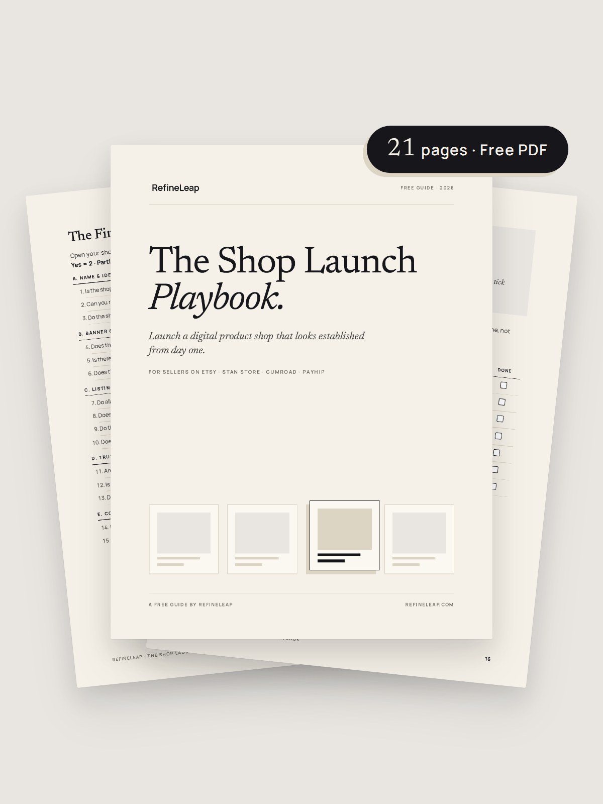 The Shop Launch Playbook — cover, scorecard and 30-day calendar pages